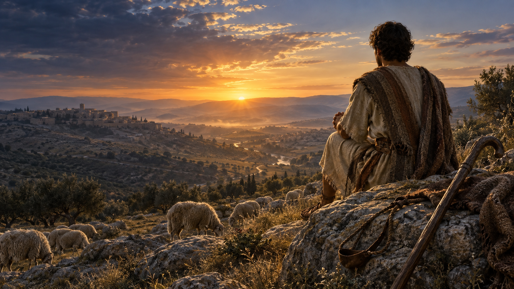 A shepherd watching over sheep in the Judean hills at sunrise