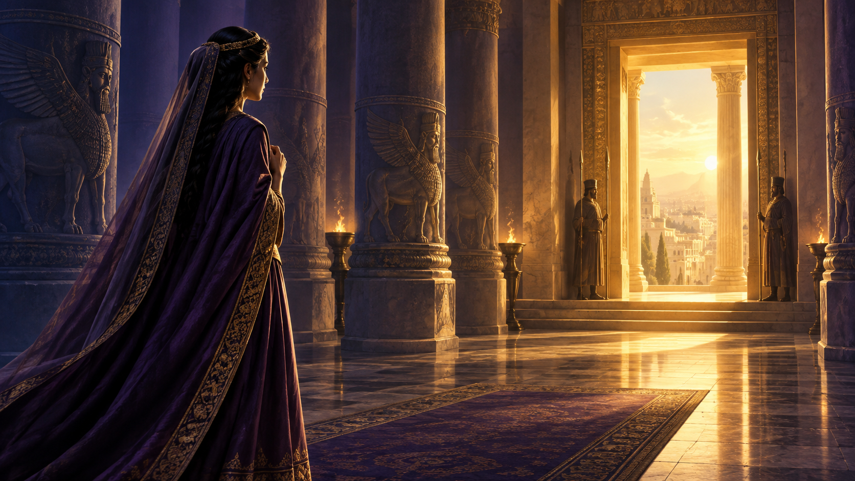 Queen Esther preparing to walk toward a bright palace doorway